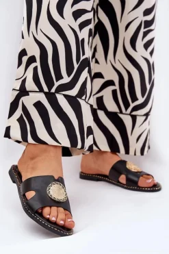 Damskie Boto Płaskie Klapki Damskie Z Ozdobnym Detalem Czarne Oferry