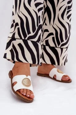 Boto Klapki Damskie Klasyczne*Płaskie Klapki Damskie Z Ozdobnym Detalem Białe Oferry