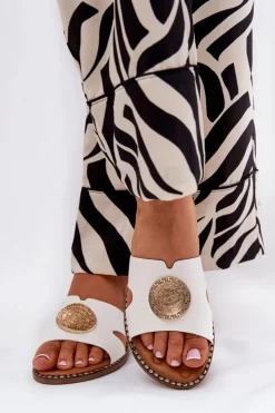 Boto Klapki Damskie Klasyczne*Płaskie Klapki Damskie Z Ozdobnym Detalem Białe Oferry