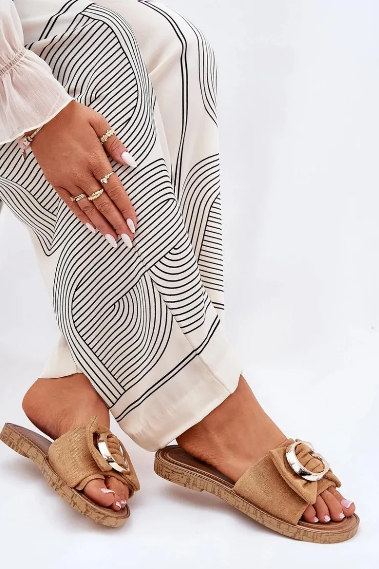 Boto Klapki Damskie Klasyczne*Płaskie Klapki Damskie Z Ozdobnym Detalem Camel Nellodra Brązowy