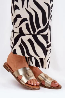 Boto Płaskie Klapki Damskie Z Ozdobnym Detalem Złote Oferry