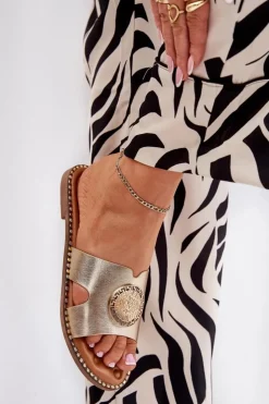 Boto Płaskie Klapki Damskie Z Ozdobnym Detalem Złote Oferry