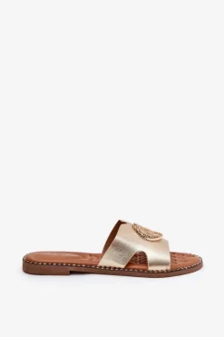 Boto Płaskie Klapki Damskie Z Ozdobnym Detalem Złote Oferry