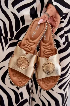 Boto Płaskie Klapki Damskie Z Ozdobnym Detalem Złote Oferry