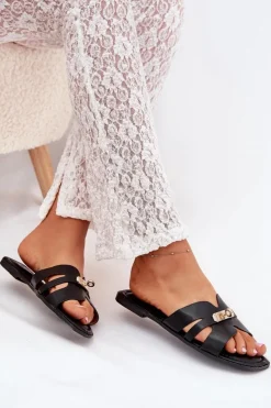 Discount Boto Płaskie Klapki Damskie Z Paseczkiem I Złotym Detalem Czarne Kerenza Czarny