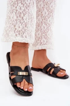 Discount Boto Płaskie Klapki Damskie Z Paseczkiem I Złotym Detalem Czarne Kerenza Czarny