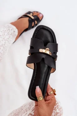 Discount Boto Płaskie Klapki Damskie Z Paseczkiem I Złotym Detalem Czarne Kerenza Czarny