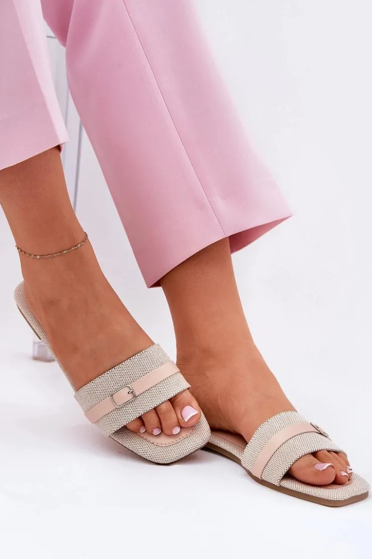 Best Boto Płaskie Klapki Damskie Z Paskiem I Sprzączką Beżowe Zilina Beżowy