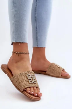 Damskie Evento Płaskie Klapki Damskie Z Plecionką I Ozdobą Beżowe Omenna