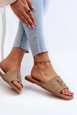 Damskie Evento Płaskie Klapki Damskie Z Plecionką I Ozdobą Beżowe Omenna
