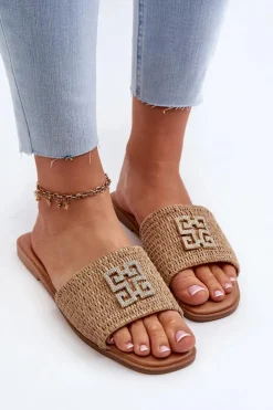 Damskie Evento Płaskie Klapki Damskie Z Plecionką I Ozdobą Beżowe Omenna