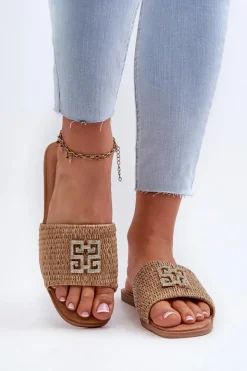 Damskie Evento Płaskie Klapki Damskie Z Plecionką I Ozdobą Beżowe Omenna