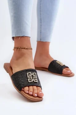 Discount Evento Płaskie Klapki Damskie Z Plecionką I Ozdobą Czarne Omenna Czarny