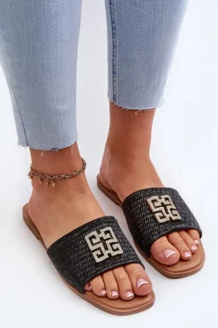 Discount Evento Płaskie Klapki Damskie Z Plecionką I Ozdobą Czarne Omenna Czarny