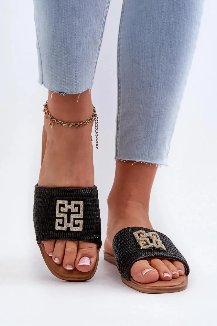 Discount Evento Płaskie Klapki Damskie Z Plecionką I Ozdobą Czarne Omenna Czarny