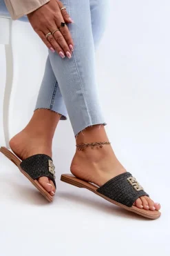 Discount Evento Płaskie Klapki Damskie Z Plecionką I Ozdobą Czarne Omenna Czarny