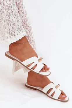 Damskie Boto Płaskie Klapki Damskie Z Paseczkiem I Złotym Detalem Białe Kerenza