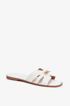 Damskie Boto Płaskie Klapki Damskie Z Paseczkiem I Złotym Detalem Białe Kerenza