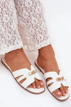 Damskie Boto Płaskie Klapki Damskie Z Paseczkiem I Złotym Detalem Białe Kerenza