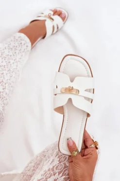 Damskie Boto Płaskie Klapki Damskie Z Paseczkiem I Złotym Detalem Białe Kerenza