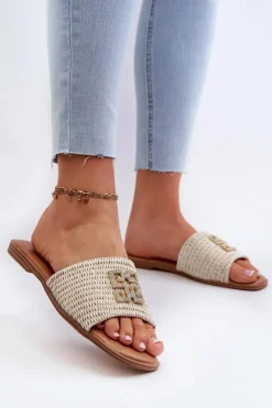 Evento Klapki Damskie Klasyczne*Płaskie Klapki Damskie Z Plecionką I Ozdobą Białe Omenna