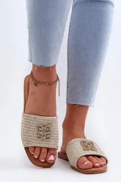 Evento Klapki Damskie Klasyczne*Płaskie Klapki Damskie Z Plecionką I Ozdobą Białe Omenna