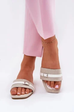 Damskie Boto Płaskie Klapki Damskie Z Paskiem I Sprzączką Beżowo-Białe Zilina