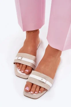 Damskie Boto Płaskie Klapki Damskie Z Paskiem I Sprzączką Beżowo-Białe Zilina