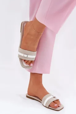 Damskie Boto Płaskie Klapki Damskie Z Paskiem I Sprzączką Beżowo-Białe Zilina