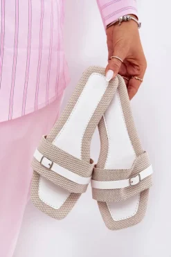 Damskie Boto Płaskie Klapki Damskie Z Paskiem I Sprzączką Beżowo-Białe Zilina