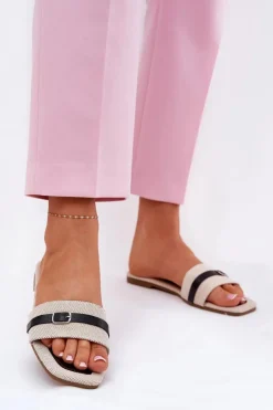 Damskie Boto Płaskie Klapki Damskie Z Paskiem I Sprzączką Beżowo-Czarne Zilina