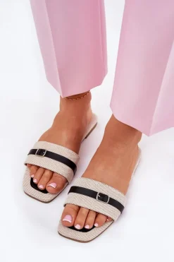 Damskie Boto Płaskie Klapki Damskie Z Paskiem I Sprzączką Beżowo-Czarne Zilina