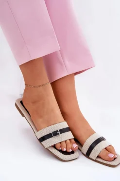 Damskie Boto Płaskie Klapki Damskie Z Paskiem I Sprzączką Beżowo-Czarne Zilina