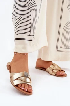 Discount Boto Płaskie Klapki Damskie Z Przeplatającymi Się Paskami Złote Selaenor