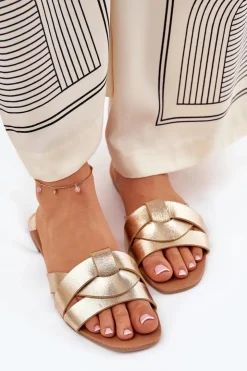 Discount Boto Płaskie Klapki Damskie Z Przeplatającymi Się Paskami Złote Selaenor