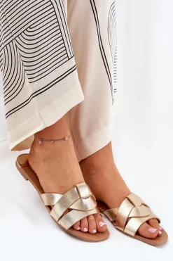 Discount Boto Płaskie Klapki Damskie Z Przeplatającymi Się Paskami Złote Selaenor