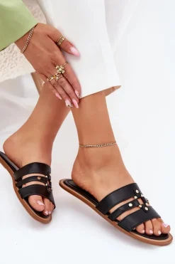 Best Boto Płaskie Klapki Damskie Ze Złotym Detalem Czarne Noroti Czarny