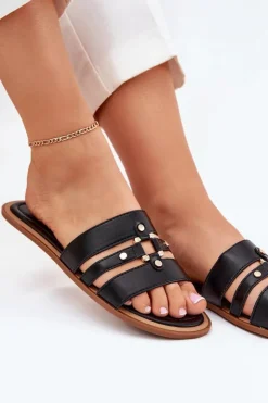 Best Boto Płaskie Klapki Damskie Ze Złotym Detalem Czarne Noroti Czarny