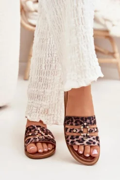 Clearance Boto Płaskie Klapki Damskie Ze Złotym Detalem Panterka Noroti Brązowy