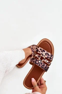 Clearance Boto Płaskie Klapki Damskie Ze Złotym Detalem Panterka Noroti Brązowy