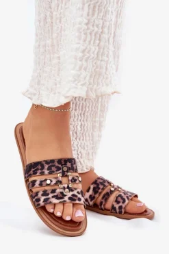 Clearance Boto Płaskie Klapki Damskie Ze Złotym Detalem Panterka Noroti Brązowy