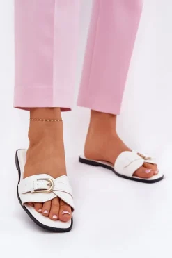 Damskie Boto Płaskie Klapki Damskie Ze Złotą Klamrą Białe Esiobb