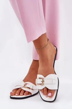 Damskie Boto Płaskie Klapki Damskie Ze Złotą Klamrą Białe Esiobb