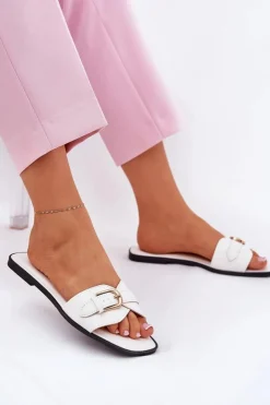 Damskie Boto Płaskie Klapki Damskie Ze Złotą Klamrą Białe Esiobb