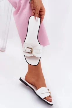 Damskie Boto Płaskie Klapki Damskie Ze Złotą Klamrą Białe Esiobb