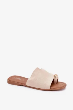 Discount Boto Płaskie Klapki Damskie Ze Złotym Detalem Beżowe Ebilina