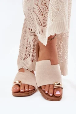 Discount Boto Płaskie Klapki Damskie Ze Złotym Detalem Beżowe Ebilina