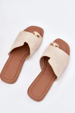 Discount Boto Płaskie Klapki Damskie Ze Złotym Detalem Beżowe Ebilina