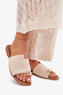 Discount Boto Płaskie Klapki Damskie Ze Złotym Detalem Beżowe Ebilina