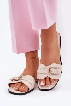 Boto Klapki Damskie Klasyczne*Płaskie Klapki Damskie Ze Złotą Klamrą Beżowe Esiobb Beżowy